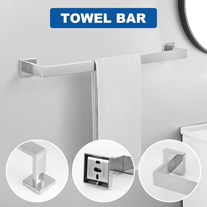 Cilee 15-Pieces Polished Chrome Bathroom Hardware Set, 24 in Towel Bar Set | Towel Bar, Square Towel Ring Toilet Paper Holder Towel Hook, Bathroom Accessories Wall-Mounted Stainless Steel Towel Rack Set