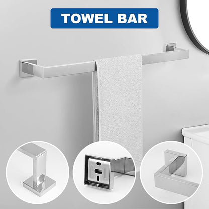 Cilee 15-Pieces Polished Chrome Bathroom Hardware Set, 24 in Towel Bar Set | Towel Bar, Square Towel Ring Toilet Paper Holder Towel Hook, Bathroom Accessories Wall-Mounted Stainless Steel Towel Rack Set
