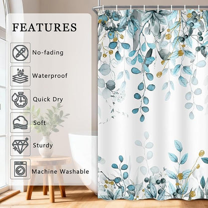 Long Eucalyptus Shower Curtain 72X78 Inch, Teal Blue Watercolor Plants Leaves Floral Tall Bathroom Curtains, Botanical Foliage Waterproof Fabric Cloth Shower Curtain Set with Hooks
