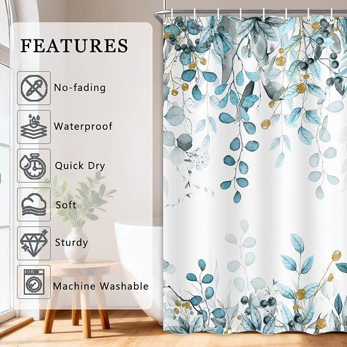Extra Long Eucalyptus Shower Curtain 72X84 Inch, Teal Blue Watercolor Plants Leaves Floral Tall Bathroom Curtains, Botanical Foliage Waterproof Fabric Cloth Shower Curtain Set with Hooks