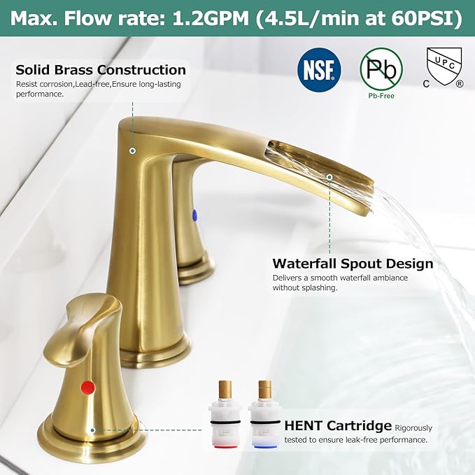 PARLOS Waterfall Widespread Bathroom Faucet Double Handles with Metal Pop Up Drain & cUPC Faucet Supply Lines, Brushed Gold, Demeter 1431808