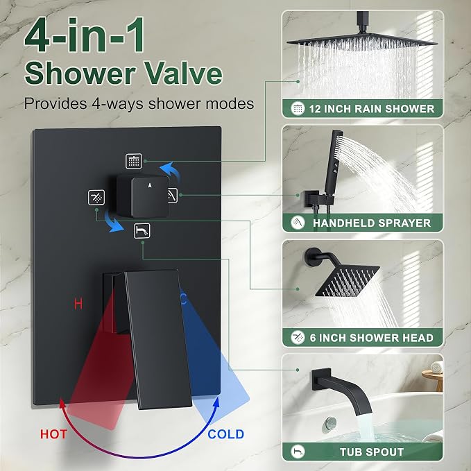 Rain Shower System with Rough-in Valve, Ceiling Mount Shower Faucet Set with 12" & 6" Dual Rain Shower Heads, 2-in-1 Handheld Shower, Tub Spout, 4-Function Complete Shower Fixture, Matte Black