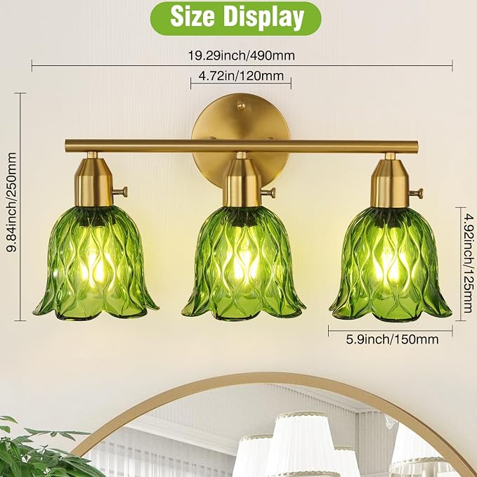 Vintage Bathroom Light Fixtures,3-Light Hardwired Vanity Lights Over Mirror, Brass Wall Lights with Green Tulip Glass Shade for Bathroom Stairway Bedroom Living Room(Bulbs Not Included,E26 Socket)