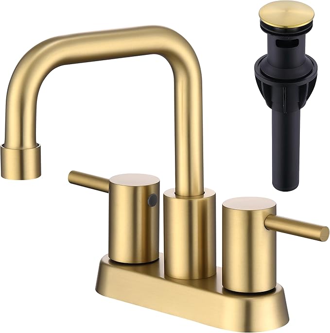 Brushed Gold 4 Inch Centerset Bathroom Faucet 2 or 3 Hole | Stainless Steel 2 Handle Gold Bathroom Sink Faucet for Bathroom, Restroom, Vanity, Rv