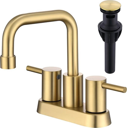 Brushed Gold 4 Inch Centerset Bathroom Faucet 2 or 3 Hole | Stainless Steel 2 Handle Gold Bathroom Sink Faucet for Bathroom, Restroom, Vanity, Rv
