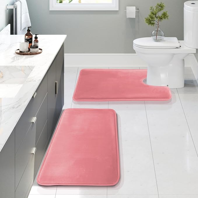 Clara Clark 2 Piece Bathroom Rugs, Velvet Memory Foam Bath Mat Set, Non-Slip Bath Rugs, Machine Wash, Dries Quickly, Ultra Soft Plush Bath Mats for Bathroom, 20 x 32 + Contour, Coral Pink