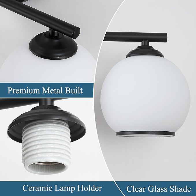 Milk Glass Bathroom Vanity Light Over Mirror, 3 Light Matte Black Bathroom Light Fixtures with Frosted Globe Glass Shade, Modern Vanity Lighting Wall Mounted