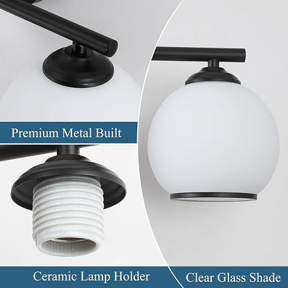 Milk Glass Bathroom Vanity Light Over Mirror, 3 Light Matte Black Bathroom Light Fixtures with Frosted Globe Glass Shade, Modern Vanity Lighting Wall Mounted