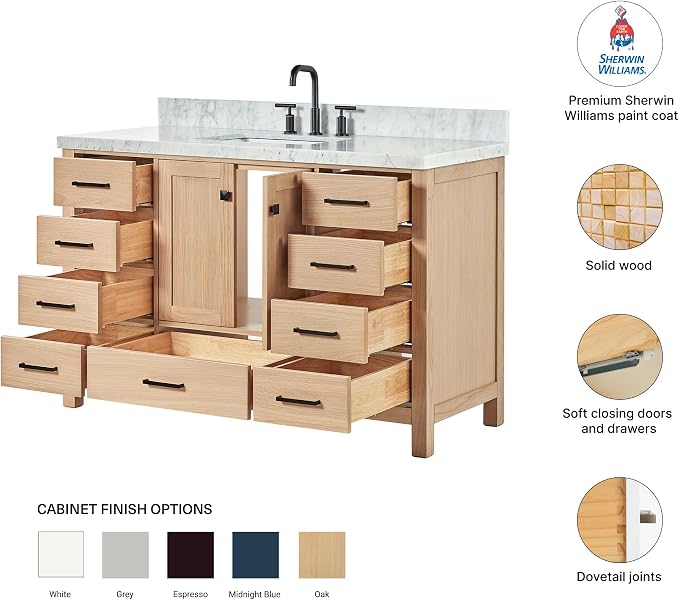 DKB Beckford 54-Inch Oak Bathroom Vanity with Sink, 1.5" Edge Carrara White Marble Countertop & 4" Backsplash, 2 Soft Closing Doors, 9 Dovetail Drawers, Matte Black Hardware