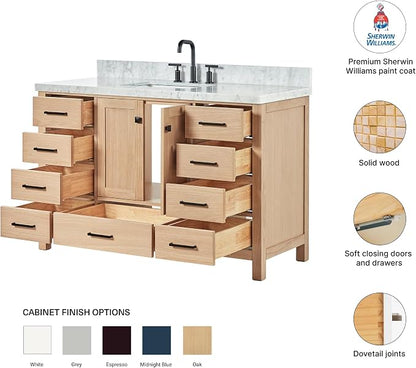 DKB Beckford 54-Inch Oak Bathroom Vanity with Sink, 1.5" Edge Carrara White Marble Countertop & 4" Backsplash, 2 Soft Closing Doors, 9 Dovetail Drawers, Matte Black Hardware