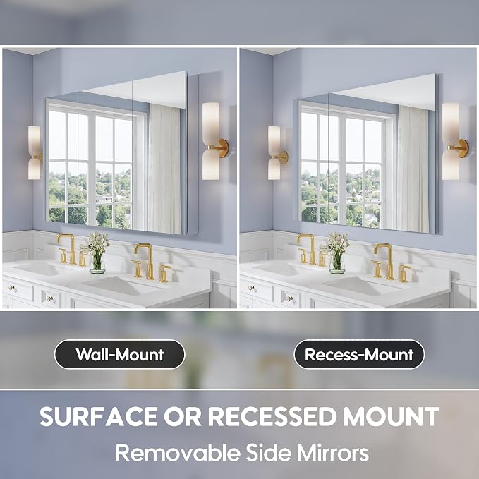 52" x 36" Bathroom Medicine Cabinet with Mirror, Anodized Chrome Aluminum Frame, Surface Mount or Recessed Medicine Cabinet with Mirror, Bathroom Mirror with Storage, Three Doors