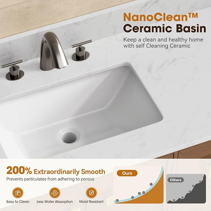 72 Inch Double Sink Bathroom Vanity, Light Walnut | Fully Assembled Bathroom Sink Cabinet, Marble Countertop & Backsplash, Soft Closing 4 Doors & 3 Drawers, Adjustable Shelves