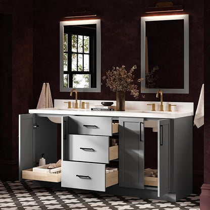 ARIEL Loren 72-inch Bathroom Vanity with Sink,Solid Wood, 1.5-inch Pure White Quartz Countertop, Double Rectangular Porcelain Sink, 4 Soft Closing Doors, 3 Dovetail Drawers, Grey