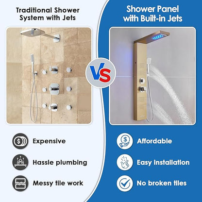 ROVOGO Gold Shower Panel Tower System with Led Lights, Rainfall Waterfall Shower Head, Body Massage Jets, Handheld and Tub Spout, Stainless Steel Shower Column with Mixer Valve, 46.5"
