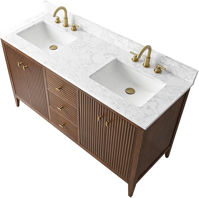 HOMEBEYOND 60" Bathroom Vanity with Double Sink, Solid Wood Bathroom Vanity Free-Standing Cabinet, Ceramic Top & Soft Closing Door, Golden Brushed Handware, Walnut