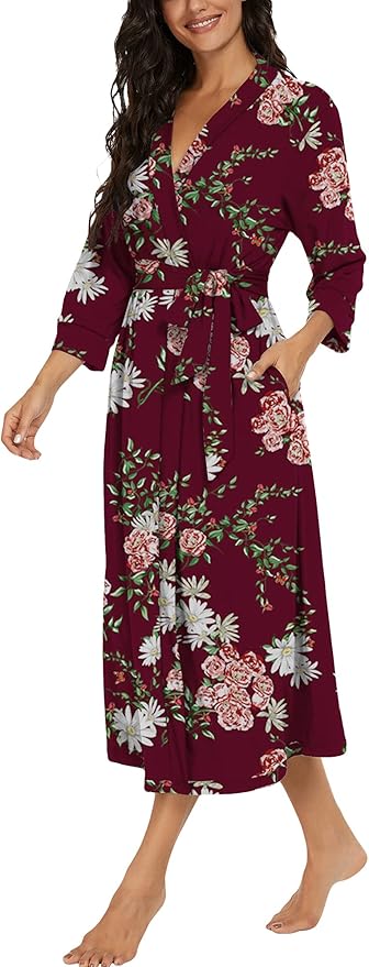 VINTATRE Women Kimono Robes Long Knit Bathrobe Lightweight Soft Knit Sleepwear V-neck Casual Ladies Loungewear