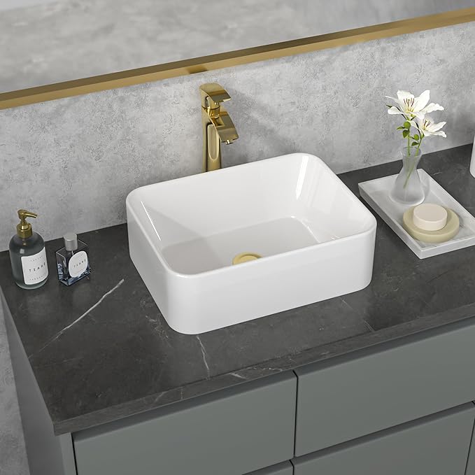 Sarlai Vessel Sink Rectangular - 16x 12 Inch White Bathroom Sink Above Counter Rectangle Modern Porcelain Ceramic Bathroom Vessel Vanity Sink Art Basin Glossy White