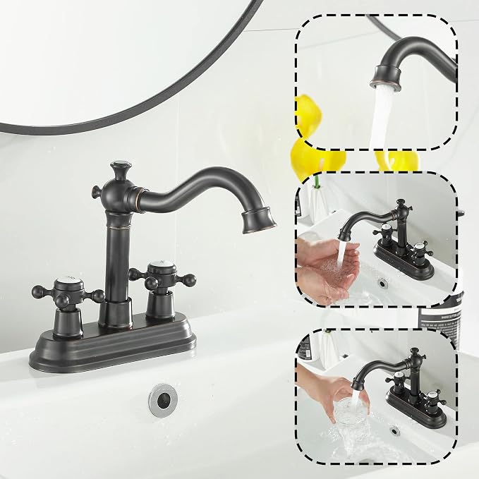 Bathroom Faucet Oil Rubbed Bronze 2 Handles 4 Inches Centerset Bathroom Vanity with Drain Assembly and Supply Hose Lavatory Faucet