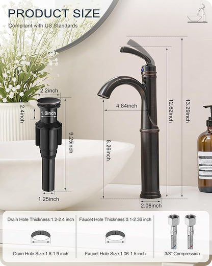 Brass Vessel Sink Faucet Oil Rubbed Bronze, 12.6 Inch Tall Bathroom Faucet 1 Hole, Single Handle with Pop Up Drain, cUPC Supply Line and Aerator for Farmhouse, Countertop Basin, 5 Mins Install