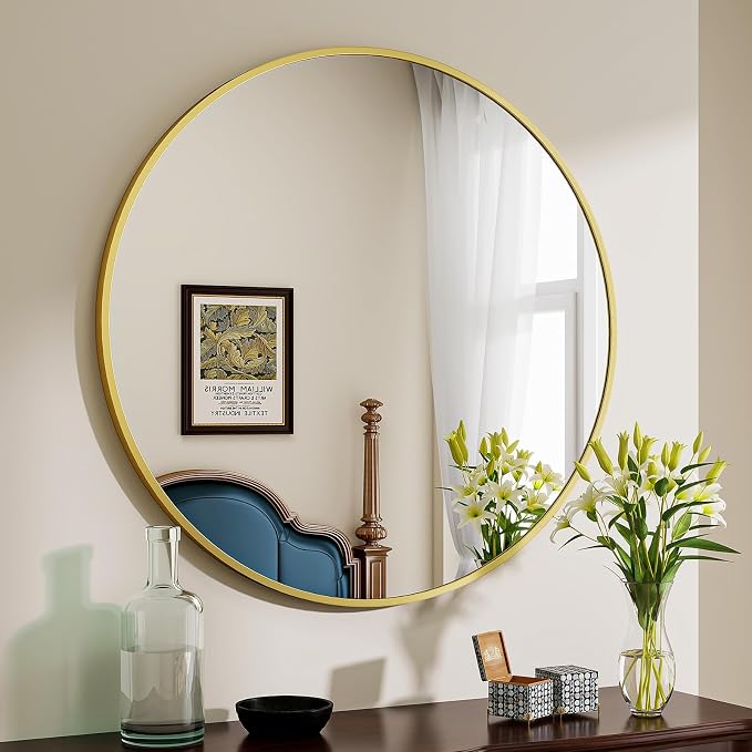 BEAUTYPEAK 40 Inch Round Mirror, Metal Frame Circle Mirror, Gold | Wall Mounted for Entryway, Bathroom, Vanity, Living Room
