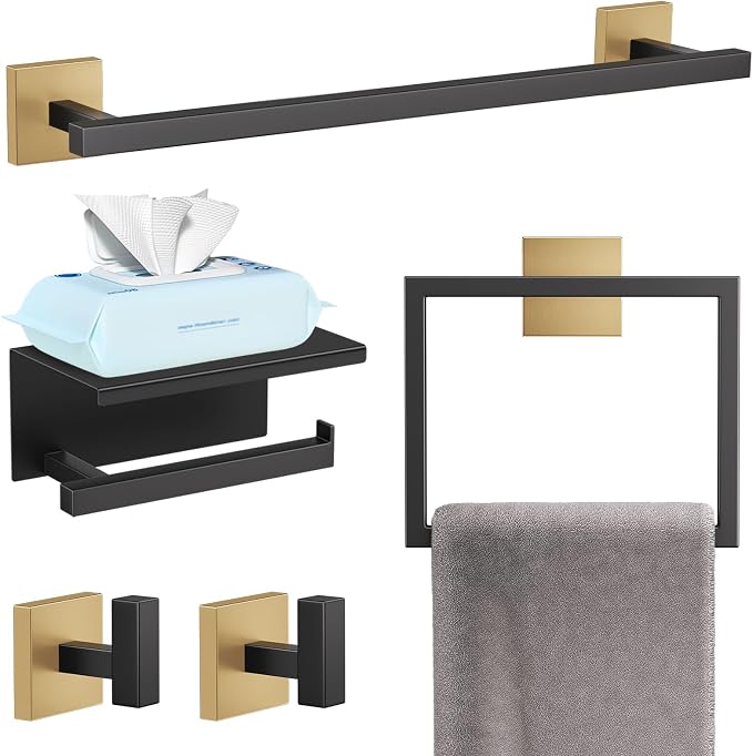 YACVCL 5-Pieces Black and Gold Bathroom Hardware Accessories Set Stainless Steel Bathroom Towel Bar Set Towel Holder Set for Bathroom,Upgraded Toilet Paper Holder with Shelf,Wall Mounted 23.6"
