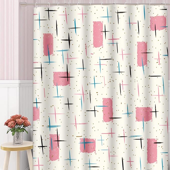Shower Curtain for Bathroom Decor, 66 x 72 Inch, Mid Century Modern | Atomic Vintage 1950s Turquoise Waterproof Polyester Fabric Shower Curtains Set with Hooks