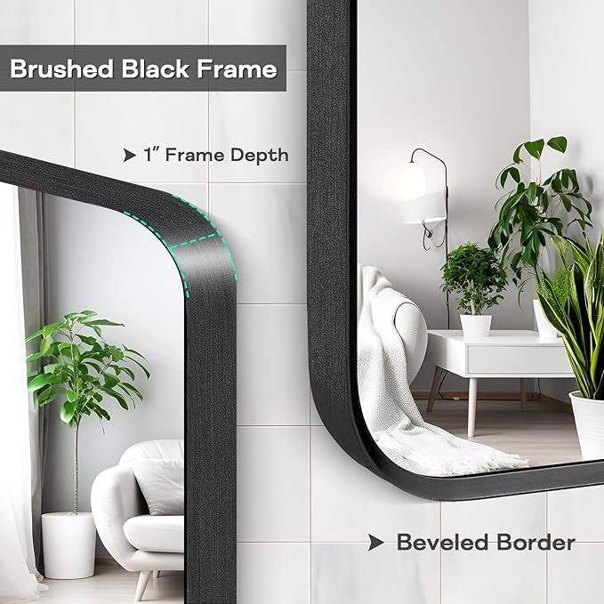 Black Framed Bathroom Mirror, 30" x 36", Matte Black | Rounded Corner Rectangle Vanity Mirror, Brushed Frame, Tempered Glass, Anti-Rust, Hangs Horizontally or Vertically
