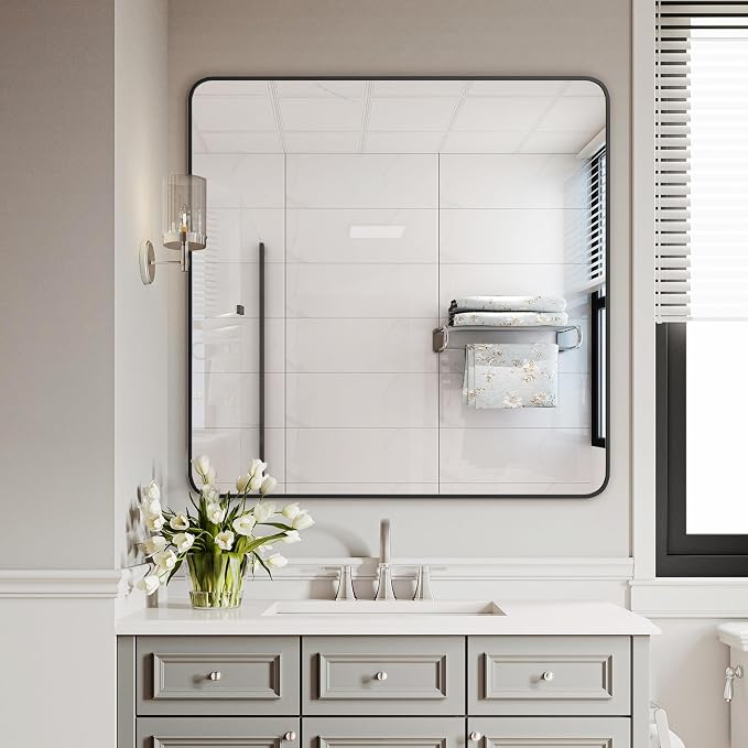 Bathroom Vanity Mirror, Black Framed Mirror for Over Sink, 30x30 | HD glass, distortion-free for makeup and grooming, Sturdy frame, all mounting hardware, hangs horizontal or vertical