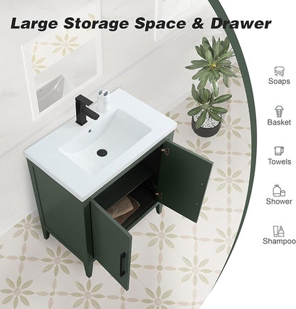 HomeBeyond 30 Inch Bathroom Vanity with Sink & Ceramic Top, Single Vanity Cabinet with Basin, Soft-Closing Doors & Matte Black Hardware, Vintage Green