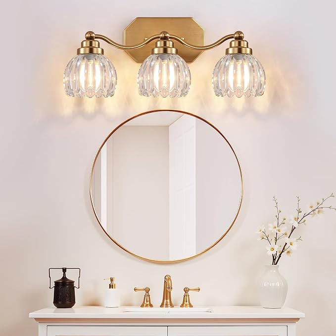Bathroom Vanity Light, Gold Vintage Tulip Glass Shade, Antique Brass Finish | 3 Light Brushed Gold Bathroom Light Fixtures, Crystal Wall Sconce, Mounted Over Mirror for Bedroom Hallway, Easy to Install