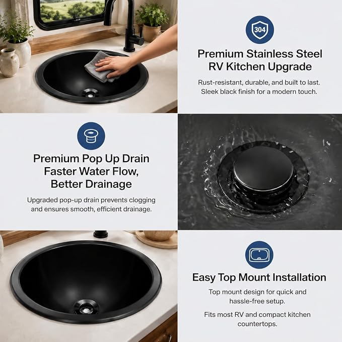 LQS Small RV Sink, Black Oval RV Bathroom Sink, 13.39 x 10.63 Inch | Drop-In Black Bathroom Sink for RVs, Stainless Steel Oval Small Sink with 5.12-Inch Depth and Drain Assembly Included