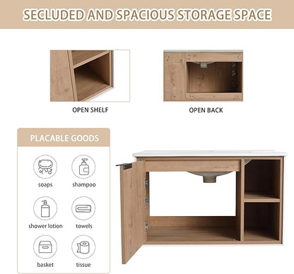 30 Inch Bathroom Vanity with Sink, 30" Floating Vanity, Plywood Wooden Bathroom Cabinet with Soft Close Door and Ceramic Sink, Open Shelf for Quick Access, Modern Wall Mounted Cabinet Set