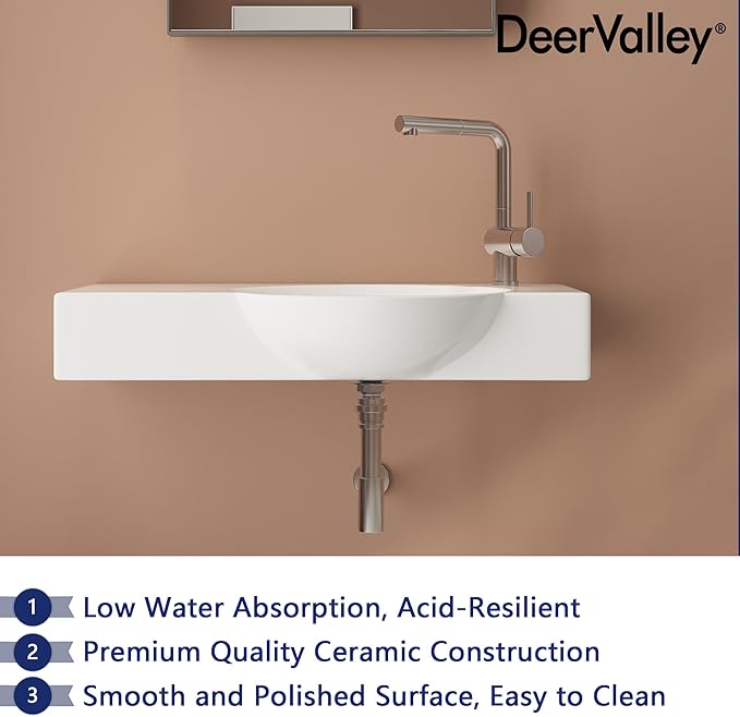 DeerValley 30"x18" Wall Mounted Bathroom Vessel Sink, White Modern Modern Floating or Countertop bathroom sink，Lavatory Vessel Sink，Porcelain Ceramic Right Side Wall Hung Sink