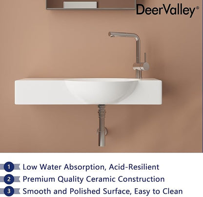 DeerValley 30"x18" Wall Mounted Bathroom Vessel Sink, White Modern Modern Floating or Countertop bathroom sink，Lavatory Vessel Sink，Porcelain Ceramic Right Side Wall Hung Sink