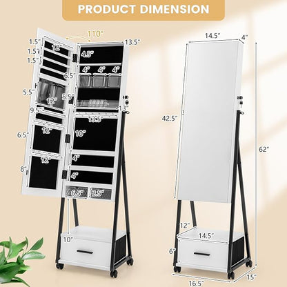 Rolling Jewelry Cabinet with Wheels, Lockable Jewelry Organizer Box with Drawers, Freestanding Jewelry Armoire with Full-length Mirror, for Women Girls Bedroom Cloakroom (White)