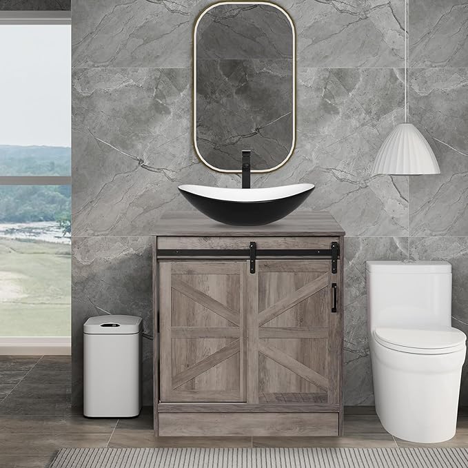 30 Inch Barn Door Bathroom Vanity, Farmhouse Style Standing Pedestal Cabinet with Black and White Ceramic Boat Sink