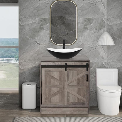 30 Inch Barn Door Bathroom Vanity, Farmhouse Style Standing Pedestal Cabinet with Black and White Ceramic Boat Sink