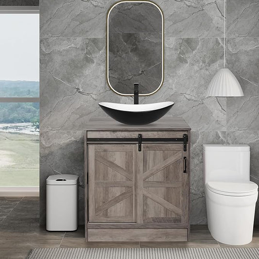 30 Inch Barn Door Bathroom Vanity, Farmhouse Style Standing Pedestal Cabinet with Black and White Ceramic Boat Sink