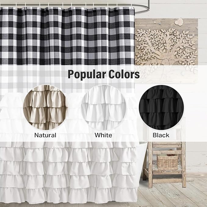 Seasonwood White Ruffle Farmhouse Shower Curtain Set with 12 Hooks 72 X 72inch Black and White Buffalo Plaid Pattern Fabric Shower Curtains with Buttons for Bathroom Bathtubs Decor Accessory