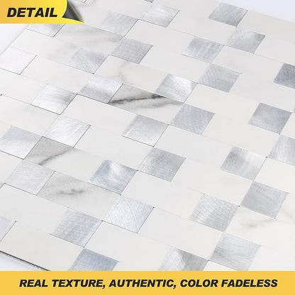 Yipscazo Peel and Stick Backsplash Tile, Stick on Stainless Steel Backsplash Metal Tiles for Kitchen Walls in Marble White Mixed Metal (12''x12'',20 Sheets)