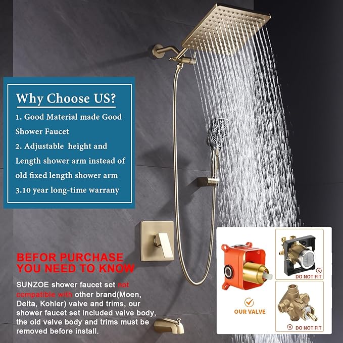Shower Faucet Set with Tub Spout Brushed Gold 10 Inch Rainfall Shower 4 Setting Spray Mixer Shower System Modern Luxury Wall Mounted Tub Shower Faucet Set Rough-in Valve Body (Brushed Gold)