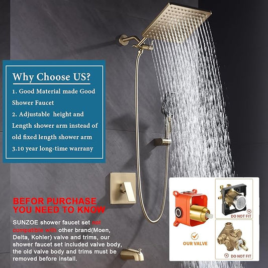 Shower Faucet Set with Tub Spout Brushed Gold 10 Inch Rainfall Shower 4 Setting Spray Mixer Shower System Modern Luxury Wall Mounted Tub Shower Faucet Set Rough-in Valve Body (Brushed Gold)