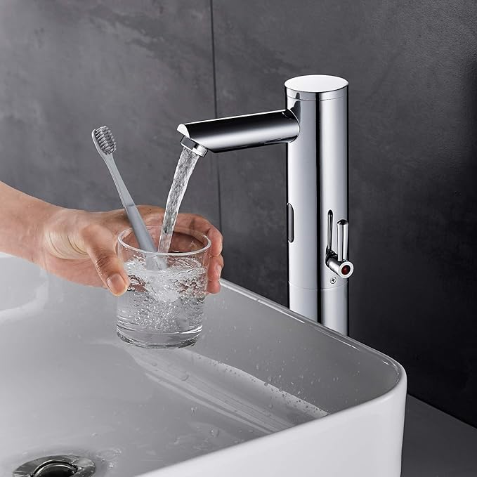 Automatic Touchless Bathroom Sink Faucet Tall Body Motion Activated Sensor Hands Free Commercial Brass Faucets Adjustable Cold Hot 1 Hole Single Handle Basin Vessel Auto Water Mixer（Chrome）