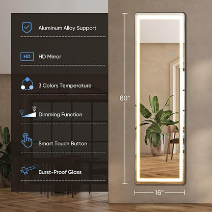 DUMOS LED Mirror Full Length with Stand, 16"x60" Full Body Wall Mirror | LED Lights 3 Color Lighting and Shatterproof Tempered Glass, Wall Hanging or Leaning, Floor Standing, Modern Home Decor