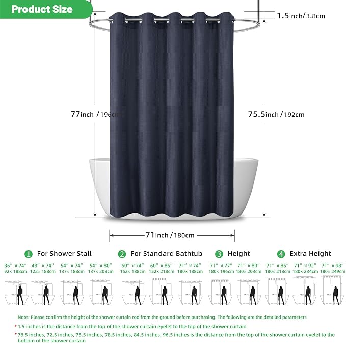 eachope No Hook Waffle Shower Curtain, No Liner Needed,71x74 Inch,Navy Blue | 100% waterproof TPU-laminated backing, magnetic weighted hem, machine washable, shower curtain set for bathroom or hotel use