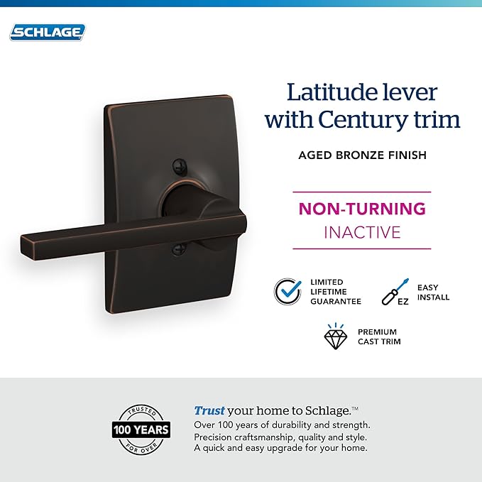 Schlage F170 LAT 716 CEN Latitude Door Lever with Century Trim, One Sided Non-Turning Dummy Door Handle, Aged Bronze