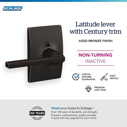 Schlage F170 LAT 716 CEN Latitude Door Lever with Century Trim, One Sided Non-Turning Dummy Door Handle, Aged Bronze