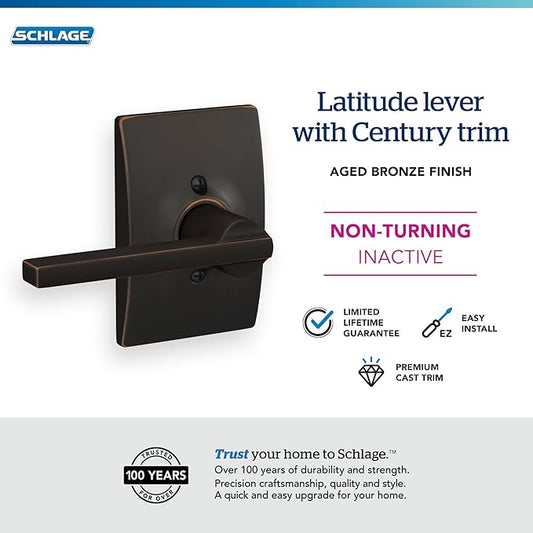 Schlage F170 LAT 716 CEN Latitude Door Lever with Century Trim, One Sided Non-Turning Dummy Door Handle, Aged Bronze