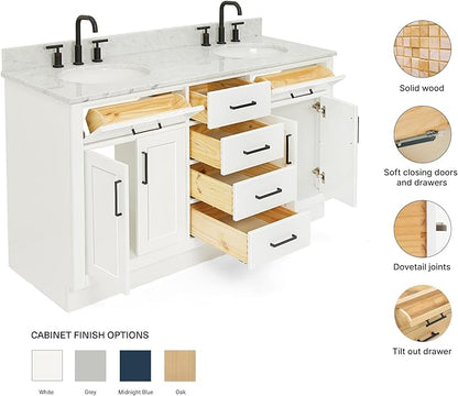 ARIEL Hepburn 60-inch Bathroom Vanity with Sink,Solid Wood, 0.75-inch Italian Carrara Marble Countertop & Backsplash, Double Oval Porcelain Sink, 4 Soft Closing Doors, 6 Dovetail Drawers, White