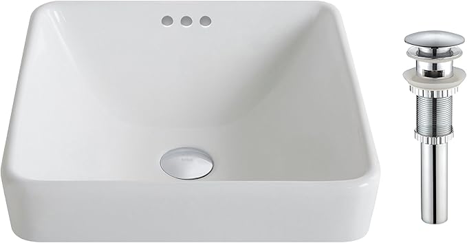 Kraus KCR-281-CH Modern Elavo Ceramic Square Semi-Recessed Bathroom Sink with Overflow and Pop Up Drain, Chrome/White 16.25